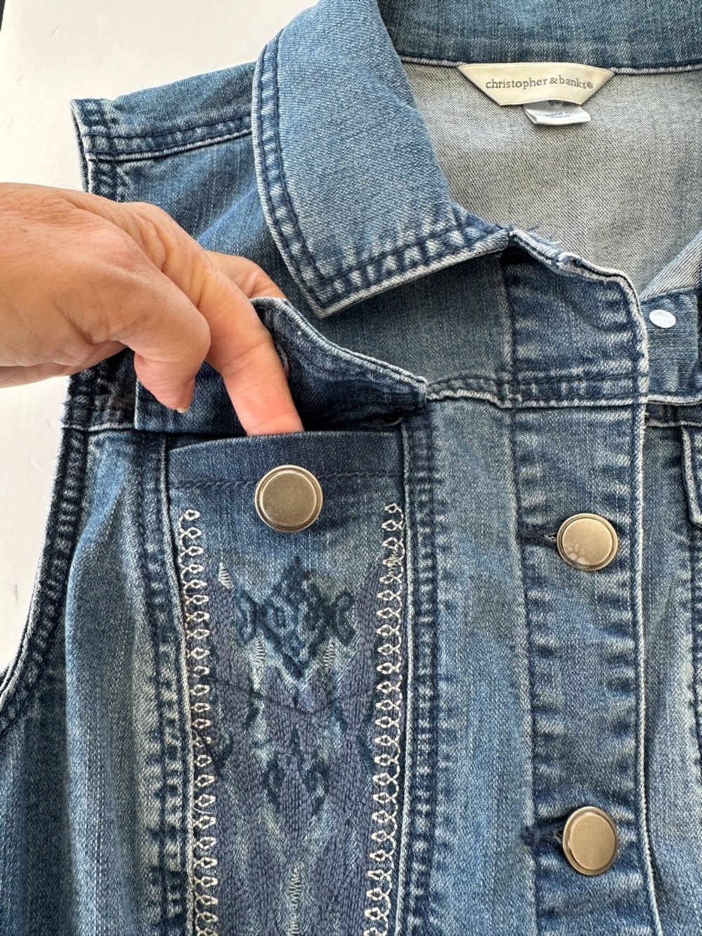 Christopher & Banks Denim Vest with Embroidery Details, Stretch - Picture 8 of 12